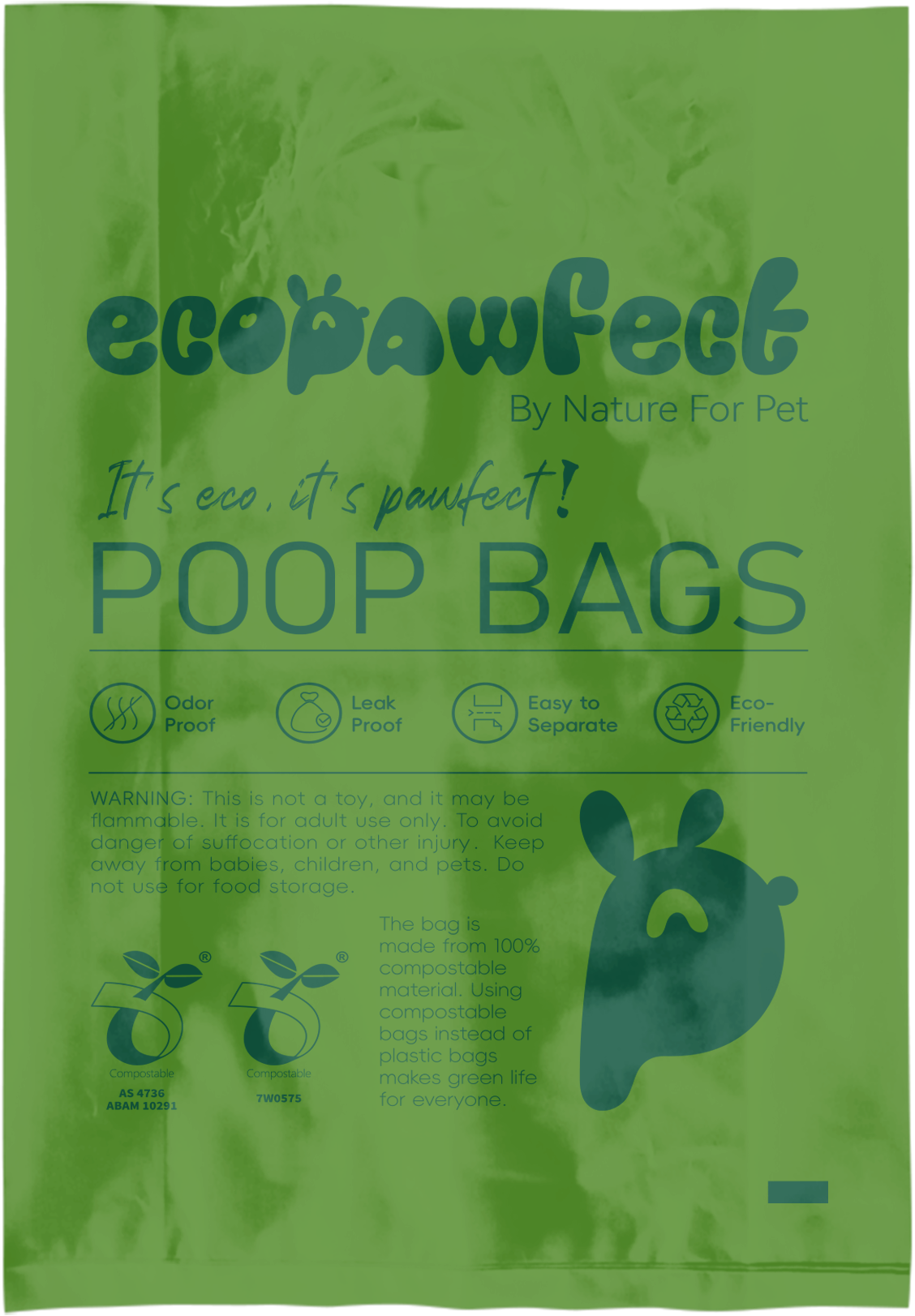 A single unrolled bag — Ecoperfect Dog Waste Bags (Green) with Jasmine Scent, Guaranteed Leakproof for Walks, Parks, and Puppy Training.