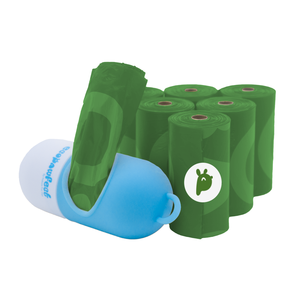 On the left: a durable blue-and-white capsule-style dispenser. On the right: Ecopawfect dog poop bags. A box includes one dispenser and seven rolls of green bags (105 count). Large-size rolls for all dog sizes.