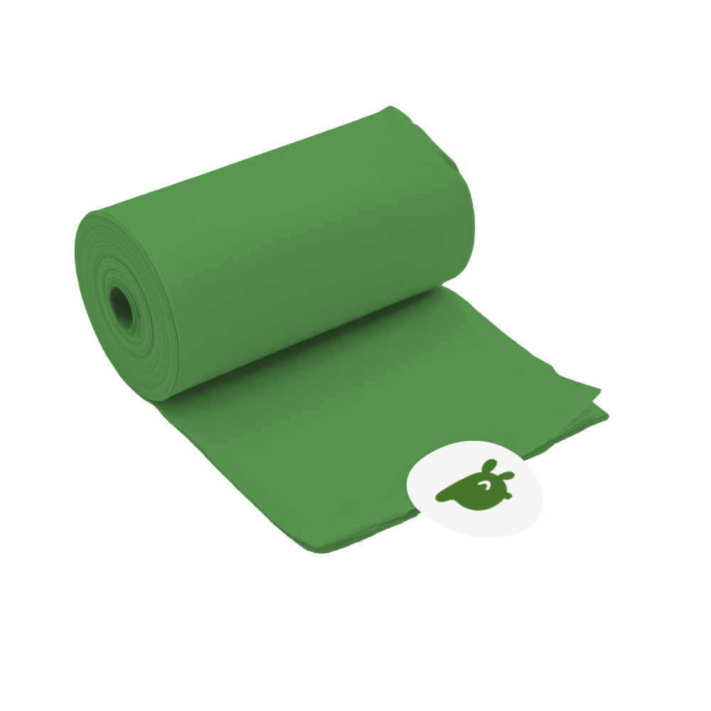 An individual compostable refill  roll — 15 extra-thick Dog Poop Pickup Bags with a tear-safe sticker, made to fit all dispensers.